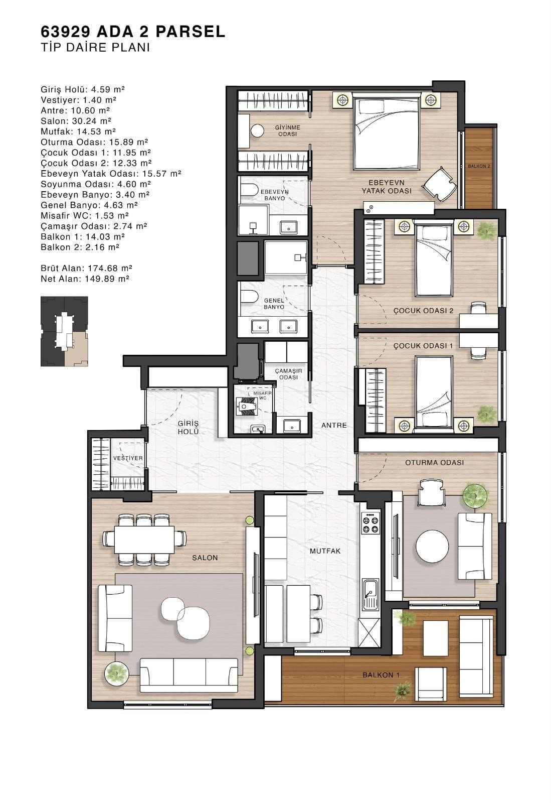 Galaxy Göksu 4+1 · 4+1 tip daire planı · 174,68 m² brüt / 149,89 m² net